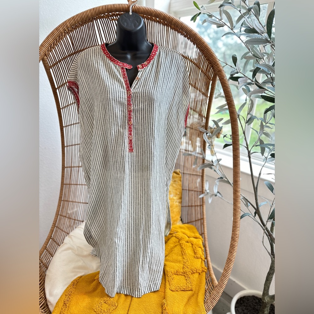 Johnny Was Hickory Stripe Oversize Cotton Tunic Embroidered Size Extra Small